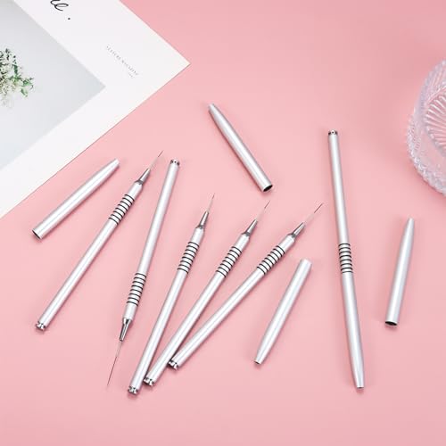 6Pcs Nail Art Liner Brushes Set, Fine Drawing Painting Details Design Striping Brush With Gel Polish Acrylic Handle Gifts Manicure Tools DIY Sizes 5/7/9/11/15/25mm, Silver - color: Sliver