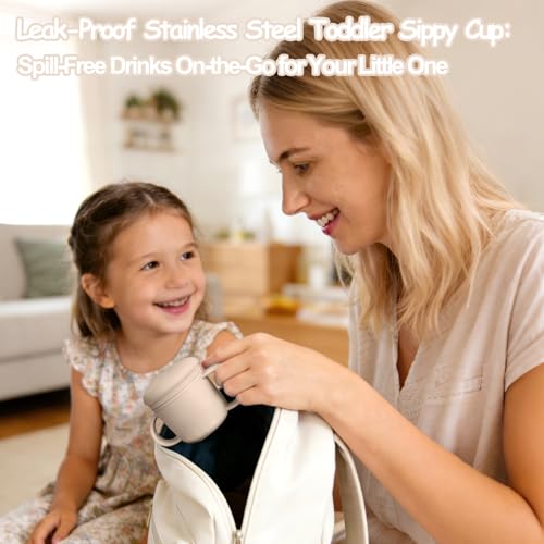 Mity rain 3-In-1 Stainless Steel Sippy Cup for 6+ Month Old, Baby Straw Cups for Toddlers 1-3 with Travel Lid, Silicone Straw, Replacement Straw & Cleaning Brush - 8oz Toddler Cups Spill Proof Set - color: Beige