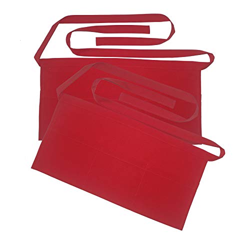 Resist water 3 big Pockets Waist Server Apron Kitchen Restaurant Unisex Half Aprons - color: Red