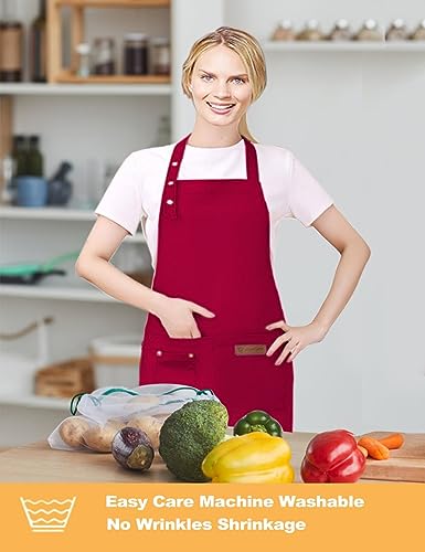 Kitchen Cooking Apron for Women Men with Big Pockets Canvas Waterproof Aprons for Server Pottery Artist Chef Apron - color: Red