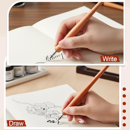 ElevateTech Comic Pen Nib Set, 14 Pcs Calligraphy Dip Pen Set Wooden Pens Holder with 12 Stainless Steel Dip-Nib Calligraphy Drawing Ink Pens Nibs Holders for Painting Writing Signing Comic
