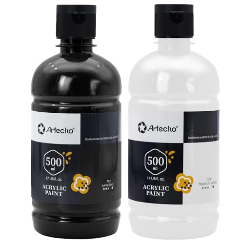Artecho White and Black Acrylic Paint 500ml / 17oz Large Bottle | Semi Glossy Finish, High Pigment Rich Color Craft Paint for Canvas, Rocks, Wood, Fabric, Ceramic, Non-Toxic - color: White and Black, size: 17 Fl Oz (Pack of 1)