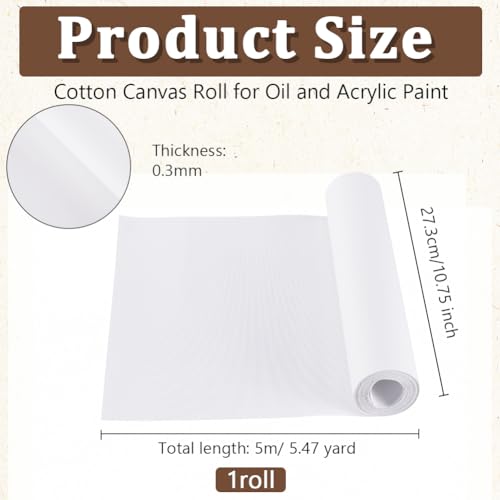 OLYCRAFT 10.7 Inch x 5.5 Yards Double Primed Cotton Canvas White Canvas Roll 0.3mm Thick Cotton Canvas Roll for Painting Double Primed Gesso Canvas Paper for Oil and Acrylic Paint Art Projects