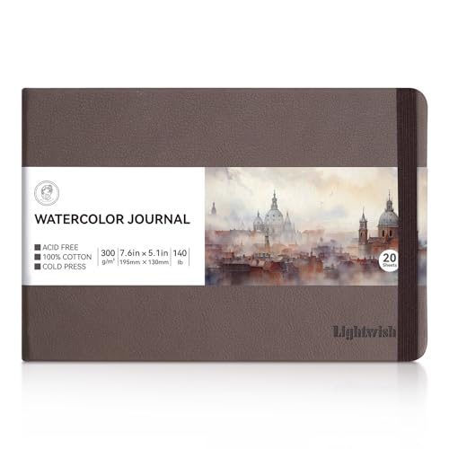 Lightwish Watercolor Journal, 100% Cotton Cold Press Watercolor Paper Sketchbook 7.6” x 5.3”, 20 Sheets (140lb/300gsm), Acid-Free for Watercolors, Gouache, Acrylics - color: Brown, size: 7.6*5.1 Inches