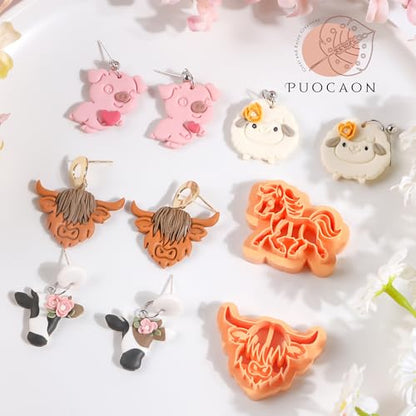 Puocaon Farm Animal Clay Cutters - 14 Pcs Cute Animal Clay Cutters for Polymer Clay Jewelry, Highland Cow Print Pig Clay Earring Cutters, Mini Stud Earring Sheep Chicken Polymer Cutter