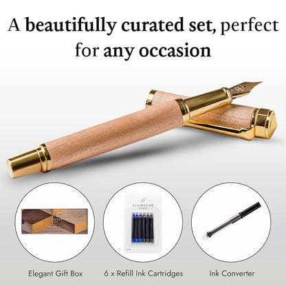 Ellington Pens Luxury Wood Fountain Pen Set – Fine Nib - Includes Wooden Pen Gift Box, Ink Converter, 6 Ink Cartridges – Wood Pen For Writing, Calligraphy, Journaling, Drawing (Maple Harmony) - color: Maple Harmony, style: Fine