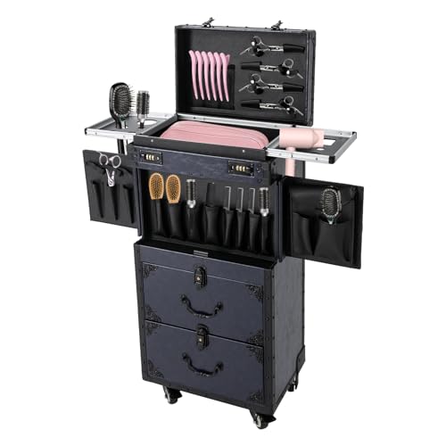 Rolling Makeup Train Case with Metal Universal Wheels & Combination Locks, Professional Cosmetic Trolley Organizer, Portable Makeup Storage Case for Salon Barber Nail Travel(blue) - color: blue