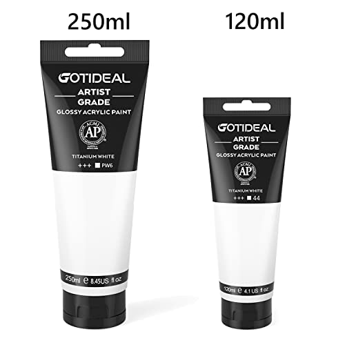GOTIDEAL Acrylic Paint Titanium White Tubes(250ml, 8.79 oz) Non Toxic Non Fading,Rich Pigments for Painters, Adults & Kids, Ideal for Canvas Wood Clay Fabric Ceramic Craft Supplies - color: Titanium White, style: 8.79 oz