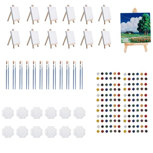 AILOVE 12-Pc Acrylic Paint Art Kit: 4x4 Inch Mini Stretched Canvases with Easels, Paint Strips, Brushes, Palette | Art Supplies for Kids, Adults, Classroom, Birthday Party Favors