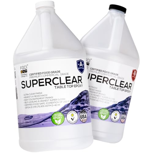 Superclear Table Top Epoxy Resin 2 Gallon Kit, Crystal Clear 1:1 Coating | Self-leveling coating for bar tops, countertops, tumblers & wood. Anti-yellowing, UV resistant, food-safe, Made in USA - size: 2 Gallon Without Kit