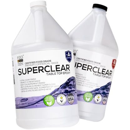 Superclear Table Top Epoxy Resin 2 Gallon Kit, Crystal Clear 1:1 Coating | Self-leveling coating for bar tops, countertops, tumblers & wood. Anti-yellowing, UV resistant, food-safe, Made in USA - size: 2 Gallon Without Kit