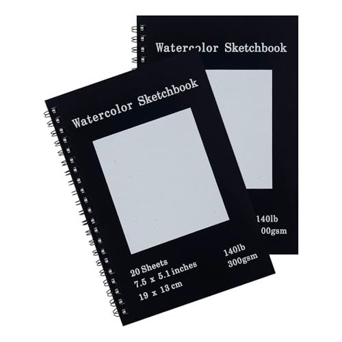 Set of 2, Each with 20 Sheets, 7.5 x 5.1 Inches, 140 lb Cold Press Watercolor Paper, 1150 GSM Black Hard Cover, Spiral Bound, White Pages for Drawing and Painting