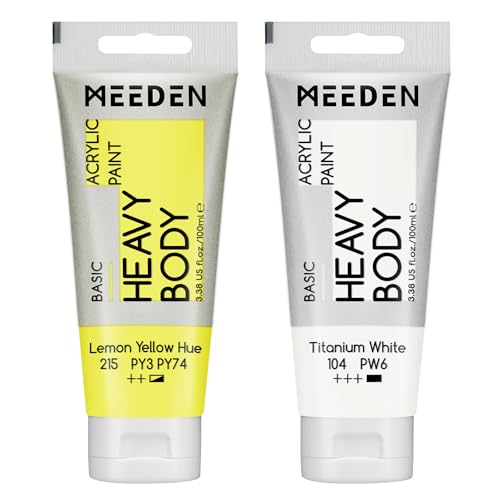 MEEDEN Acrylic Paint Lemon Yellow Hue: 100ml/3.38oz Heavy Body Acrylic Paint Tube Bundled with Additional Titanium White Color for Art Craft Painting - color: Lemon Yellow Hue, size: 2 Tubes