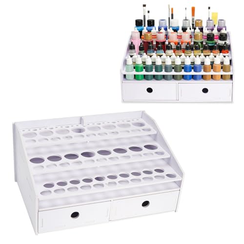 Krafetto Miniatures Paint & Paintbrush Storage Organizer Rack, Craft Paints Holder with Drawer, 43 Holes for Model Paint, 16 Holes for 2 oz Paints, 22 Holes for Brush