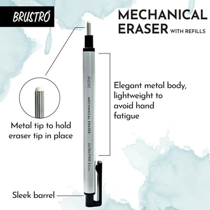 BRUSTRO Fine Art Graphite Pencil - Set of 12 (10B - 2H) with Mechanical Precision Retractable Eraser(2.3mm) | Ideal for Drawing,Sketching,Mandala,Shading,Artwork, Beginners, Artists and Professionals - style: Graphite Pencil + Mechanical Eraser