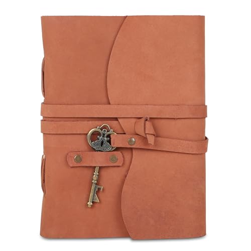 Leather Journal with Deckle Edge Paper 8x6 inch and Vintage Key | Handmade Writing Notebook Diary | Bound Daily Notepad for Men & Women Medium, Sketch/Writing pad for Artists - color: Sunset Peach, size: 8 x 6, style: Unlined Deckle Paper