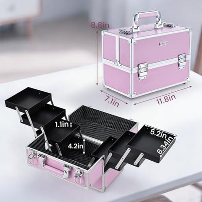 Frenessa Makeup Train Case Large Portable Cosmetic Case - 6 Tier Trays Professional Makeup Storage Organizer Box Make Up Carrier with Lockable keys - Pink - color: Pink
