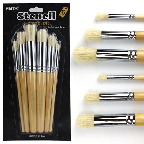 GACDR Wooden Stencil Brush Set, 6 Pieces Natural Hog Bristle Dome Stencil Brushes for Painting On Wood Wall, Stencil Projects, Card Making, DIY, Crafts and Acrylic Oil Watercolor Painting…