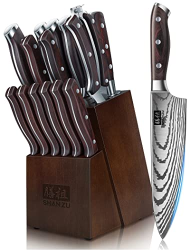SHAN ZU Knife Set 16 pcs, Japanese Kitchen Knife with Block High Carbon Stainless Steel Ultra Sharp Knife for Kitchen, Professional Chef Knife Set with Sharpener - color: 16 PC KNIFE SET