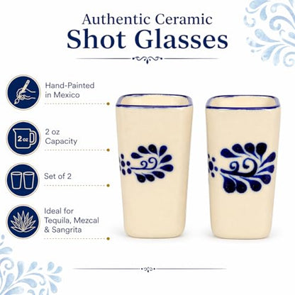 Hand-Painted Mexican Ceramic Shot Glasses, Square Tequilero Cups – 2 oz Each, Set of 2 – Colonial White with Blue Design – Tequila, Mezcal & Sangrita - White Cuadrado