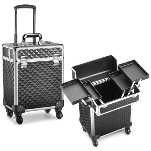 Rolling Makeup Train Case Large Cosmetic Trolley Organized Aluminum Barber Case for Hairstylist Makeup Nail Tech Salon with Keys Swivel Wheels Traveling Cart Trunk - Black - color: Black