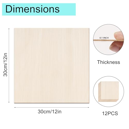12 Pack Basswood Sheets 12x12 x 1/10 Inch Thin Plywood Balsa Wood Sheets Unfinished Wood Squares Boards Balsa Wood Sheets for Crafts Laser Cutting Wood Burning and Drawing (12 x 12 inch) - size: 12 x 12 inch