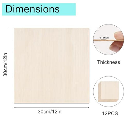 12 Pack Basswood Sheets 12x12 x 1/10 Inch Thin Plywood Balsa Wood Sheets Unfinished Wood Squares Boards Balsa Wood Sheets for Crafts Laser Cutting Wood Burning and Drawing (12 x 12 inch) - size: 12 x 12 inch