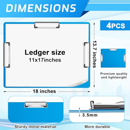 Tenceur 4 Pcs 11x17 Clipboard Three Clip Blue Extra Large Clipboard Horizontal Drawing Board 11 x 17 Inch Art Sketching Landscape Board for School Office Students Teachers Supplies