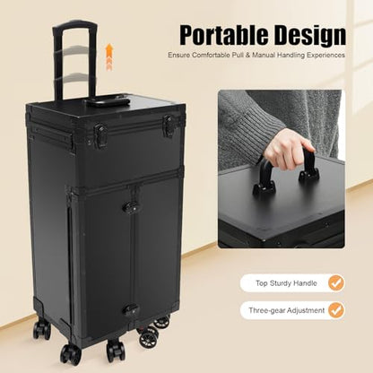 44.09lbs Lockable Makeup Train Case,Rolling Hairdressing Trolley,Beauty Salon Cosmetic Luggage with Universal Wheels for Hair Stylist,Make-up Artists (Black 8) - color: Black 8