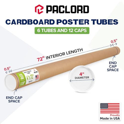 4" x 72" Reinforced Kraft Paper Mailing Tube, Pack of 6 Tubes with 12 Caps – Secure USPS Approved Poster Tube – Made in USA Cardboard Tube for Shipping and Storing Posters, Prints, Artwork - size: 4" x 72", style: Standard Duty