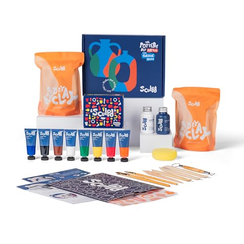 Sculpd - The Original Pottery Kit for Adults - Air Dry Clay for Adults, Tools, Varnish, Paints, Brushes, Couples Date Night Arts & Crafts Set, Gloss Varnish with Classic Tones - style: Gloss Varnish with Classic Tones