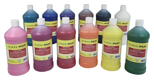 School Smart Washable Tempera Paints for School and Arts and Crafts Use, 32 Ounces Each, Assorted Colors, Set of 12
