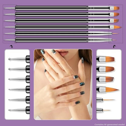 Artdone Nail Art Dotting Tools 6PCS Double-ended Brushes Kit Gel Polish | Liner Brushes Design Pen For Nail Drawing And Nail Paint Brushes Small Detail Brushes - color: Black
