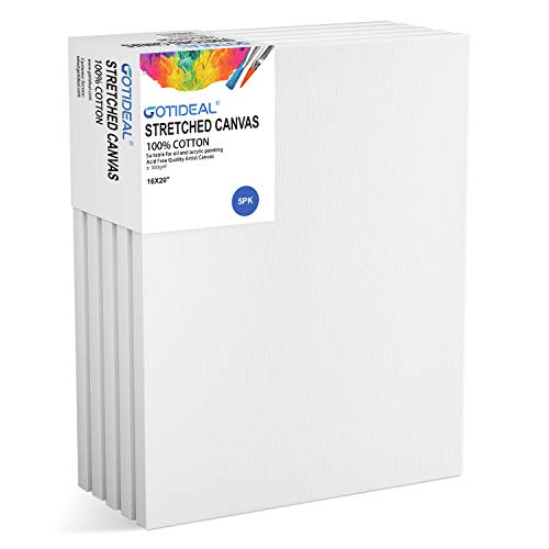 GOTIDEAL Stretched Canvas, 16x20 Inch Set of 5, Primed White - 100% Cotton Artist Canvas Boards for Painting, Acrylic Pouring, Oil Paint Dry & Wet Art Media - color: White, size: 16"x20"