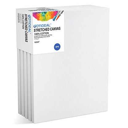 GOTIDEAL Stretched Canvas, 16x20 Inch Set of 5, Primed White - 100% Cotton Artist Canvas Boards for Painting, Acrylic Pouring, Oil Paint Dry & Wet Art Media - color: White, size: 16"x20"