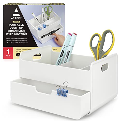 ARTEZA Small Desk Organizer with Drawer – Portable White Caddy with Pen Holder, Lightweight Office Supply Storage for Desk, Classroom, or Dorm - style: 4-Compartment & 1 Drawer
