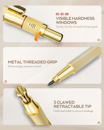 Nicpro Gold Art Mechanical Pencil Set, Metal Drafting Pencil 0.5, 0.7, 0.9mm & 2mm Lead Holder(2B HB 2H) For Sketching Drawing With Lead Refills Case - color: Gold