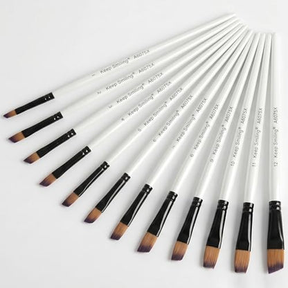 12PC Acrylic Paint Brushes, Angular & Angled Paint Brush Set with Nylon Hair for Acrylic Painting, Watercolor, Gouache, Oil (Artist Short Handle Paint Brushes)