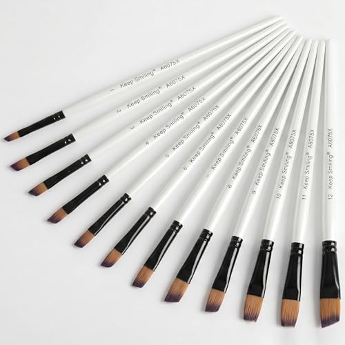 12PC Acrylic Paint Brushes, Angular & Angled Paint Brush Set with Nylon Hair for Acrylic Painting, Watercolor, Gouache, Oil (Artist Short Handle Paint Brushes)