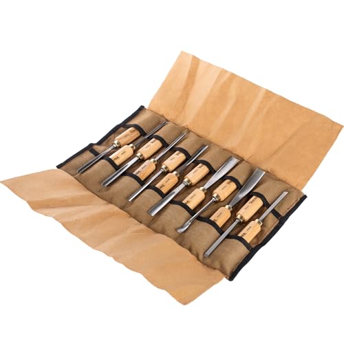 12-Pieces Woodworking Wood Carving Tools Chisel Set with Canvas Bag, Razor Sharp CR-V 60 Steel Blades - size: 12-Pieces with Ash Handle