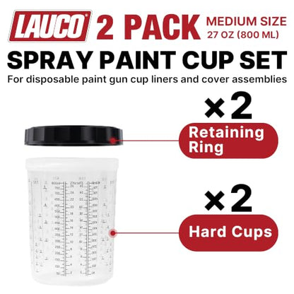 LAUCO 2 Pack Paint Spray Gun Hard Cup Set, 800ML (27 Oz) Reusable Mixing Cups with Retainer Rings, Compatible with Disposable Paint Cup Liner and Lid Systems for Automotive Paint, Primer, Clear Coat - size: 2Pack-800ML