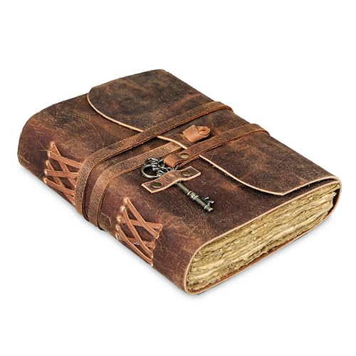 Leather Journal with Deckle Edge Paper 8x6 inch and Vintage Key | Handmade Writing Notebook Diary | Bound Daily Notepad for Men & Women Medium, Sketch/Writing pad for Artists - color: Brown, size: 7 x 5, style: Unlined Deckle Paper
