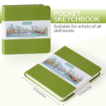 Prudiut 5" x 5" Hardcover Pocket Sketchbook, 80 Sheets, Emerald Green | 160gsm acid-free paper, elastic closure, ribbon bookmark, compact travel size for sketching on the go - color: Emerald Green