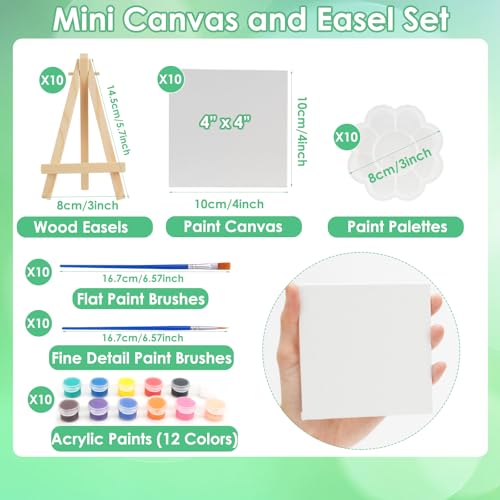 Sigowal 10 Set Canvas Painting Kit, 4 x 4 Inch Canvas Boards for Painting with Easel, Acrylic Paint Strips, Brushes, Palette, Mini Canvas and Easel Set for Kids Adults Beginner Gift Party - color: 10 Set 4 x 4 inches