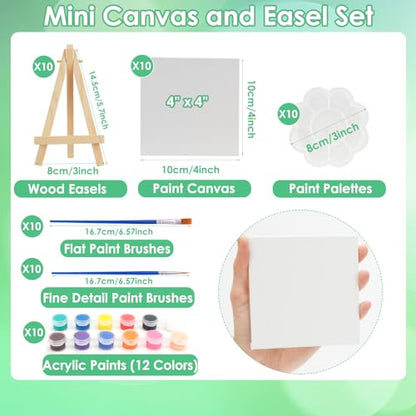 Sigowal 10 Set Canvas Painting Kit, 4 x 4 Inch Canvas Boards for Painting with Easel, Acrylic Paint Strips, Brushes, Palette, Mini Canvas and Easel Set for Kids Adults Beginner Gift Party - color: 10 Set 4 x 4 inches