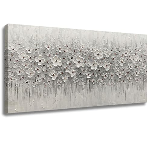 Large Canvas Wall Art for Living Room White Flowers Picture Hand-Painted Oil Painting Framed Artwork Modern Gallery Plant Decor Wall Decorations for Bedroom Bathroom Size 60x30 inch Ready to Hang - color: White, size: 30"x60"