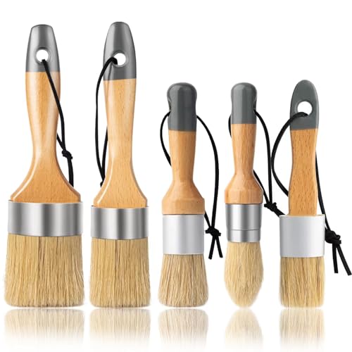 Chalk Paint Brush, Wax Paint Brush Set of 5, Wax Brushes and Chalk Paint for Furniture DIY Art Crafts, Natural Bristle Round Oval Brush for All Painting and Waxing - size: 1 Large + 1 Medium + 3 Small, 5 Pack