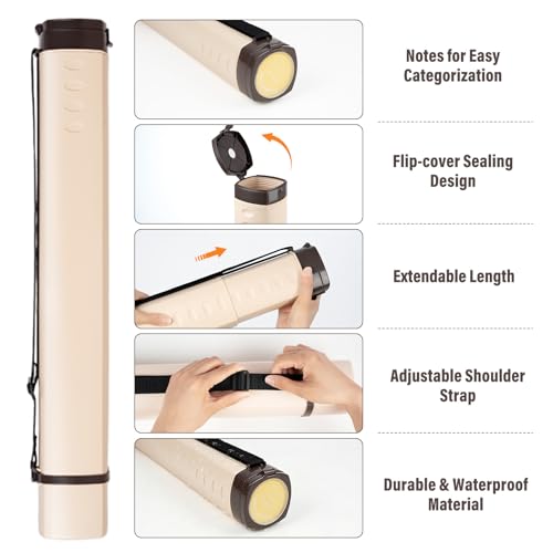 DEWEL Adjustable Poster Tube 24.5"-42", Waterproof Plastic Document Storage Tube Telescoping Carrying Case, Light Resistant Drawing Tube Painting Picture Tube Holder (Beige-Large Size) - color: Beige (Polygon), size: Large