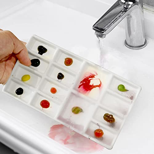 8 Inch 14 Wells Artist Ceramic Paint Palette, Rectangle Ceramic 14-Wells, White
