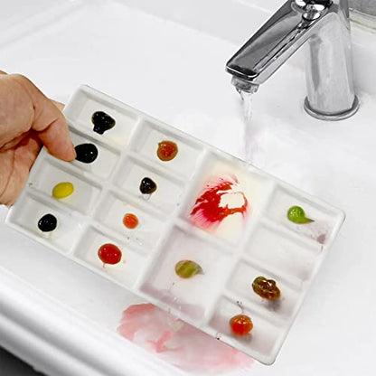 8 Inch 14 Wells Artist Ceramic Paint Palette, Rectangle Ceramic 14-Wells, White